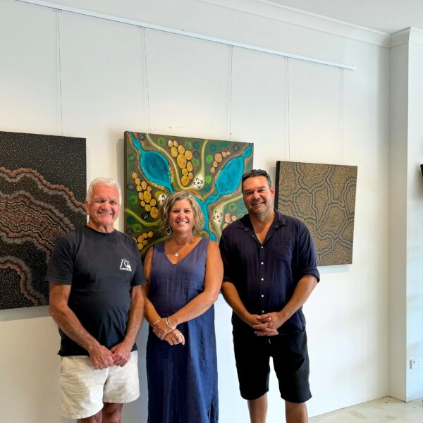 John Sara Kim Kiosess and Josh Whiteland standing at Yallingup Aboriginal Art Gallery